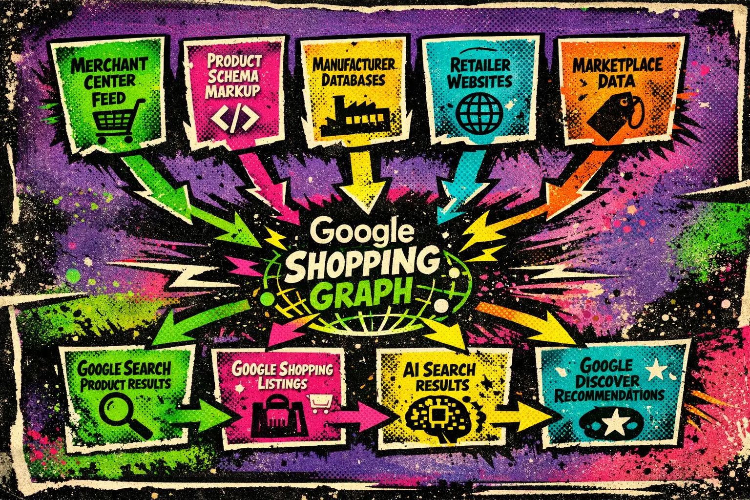 Google Shopping Graph diagram showing Merchant Center feeds, product schema, retailer websites, and marketplaces feeding product data into Google search systems