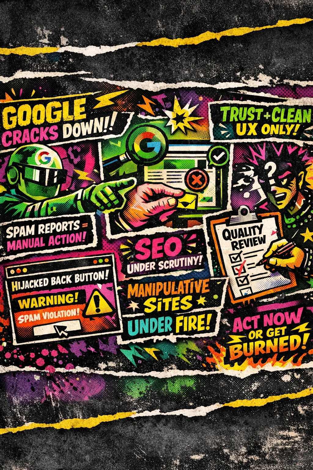 Search-themed graphic showing how Google is assessing trust, user experience, and site quality before users click through.