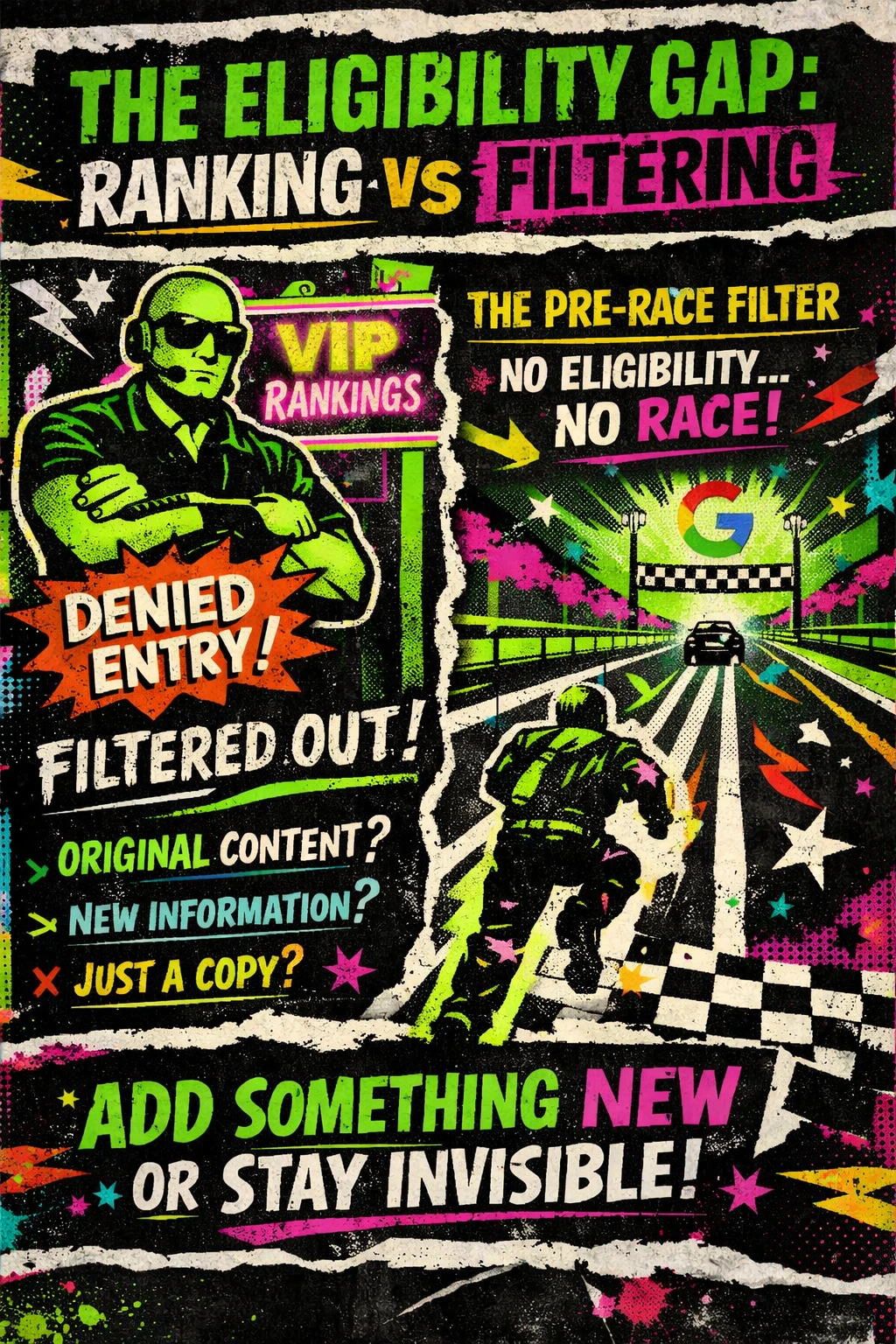 SEO filtering vs ranking diagram showing Google as a pre-ranking gatekeeper