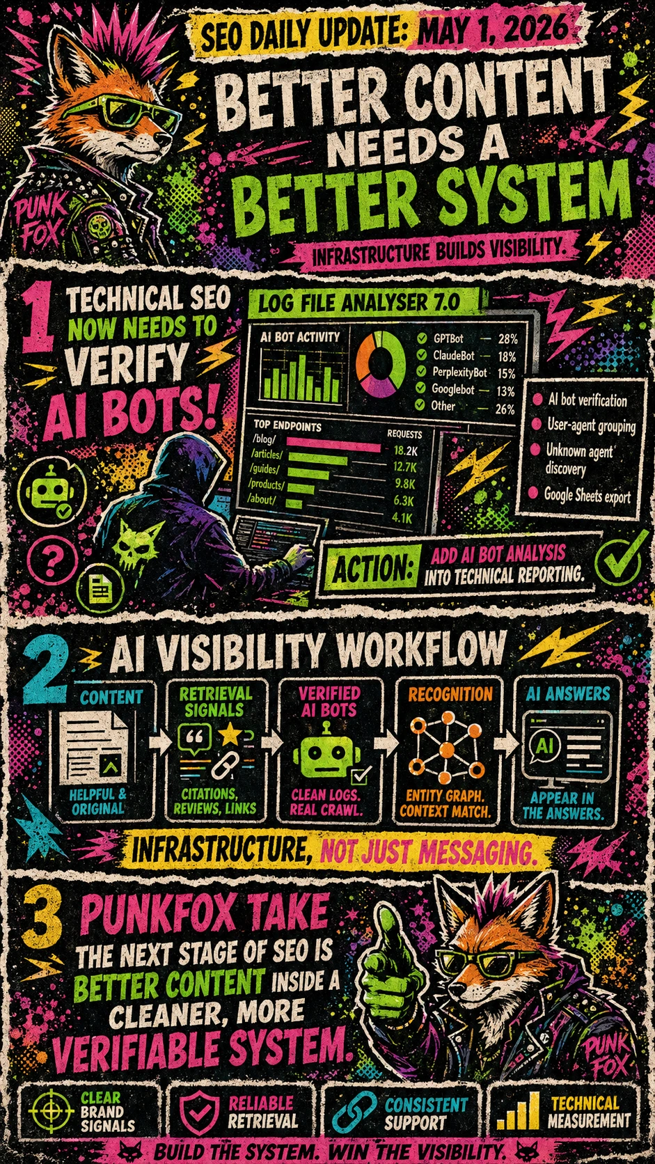 SEO analyst reviewing branded query performance and verified AI bot activity in a technical search visibility dashboard