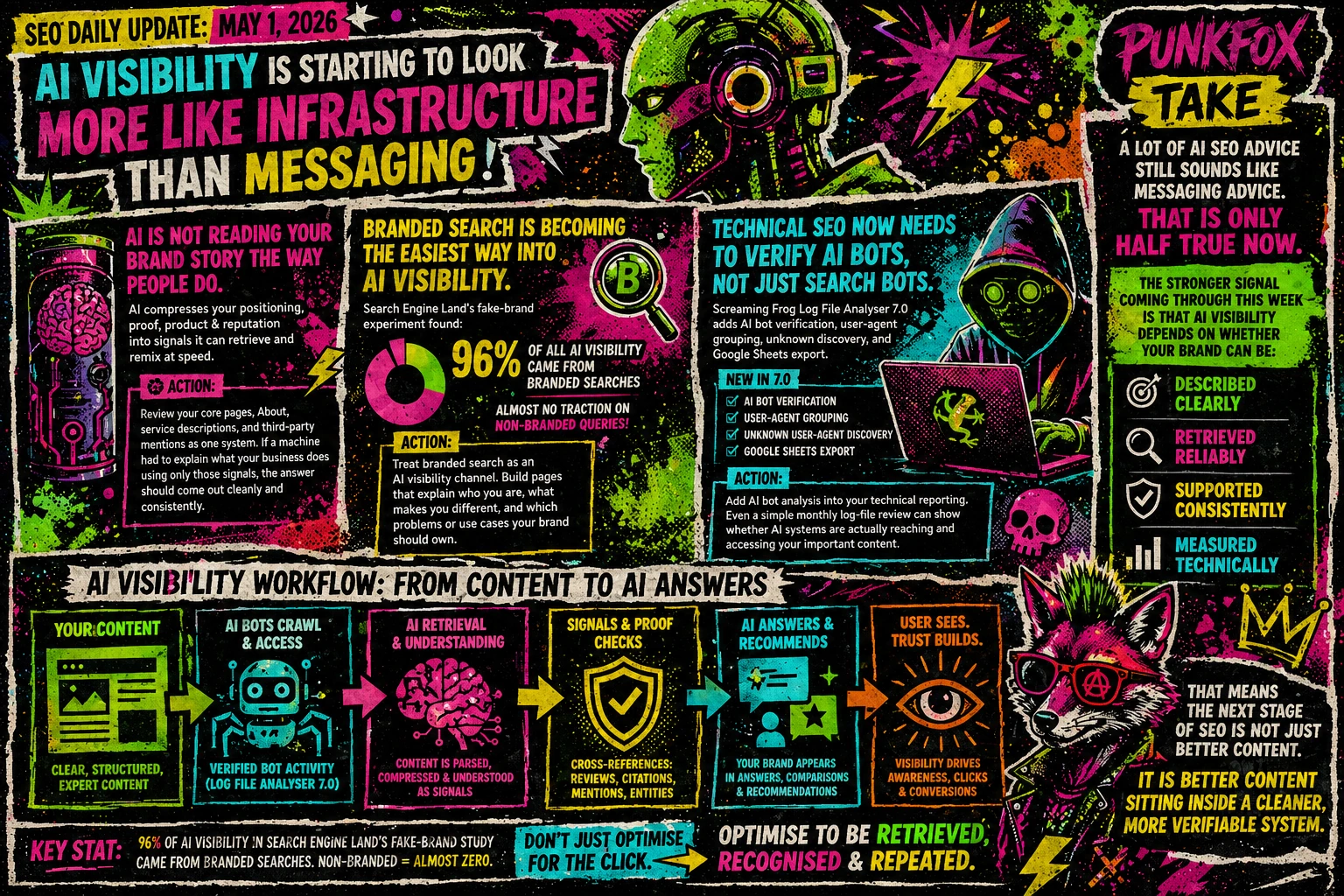 Illustration showing brand signals, AI retrieval, branded search prompts, and verified AI bot activity coming together as part of a modern SEO workflow