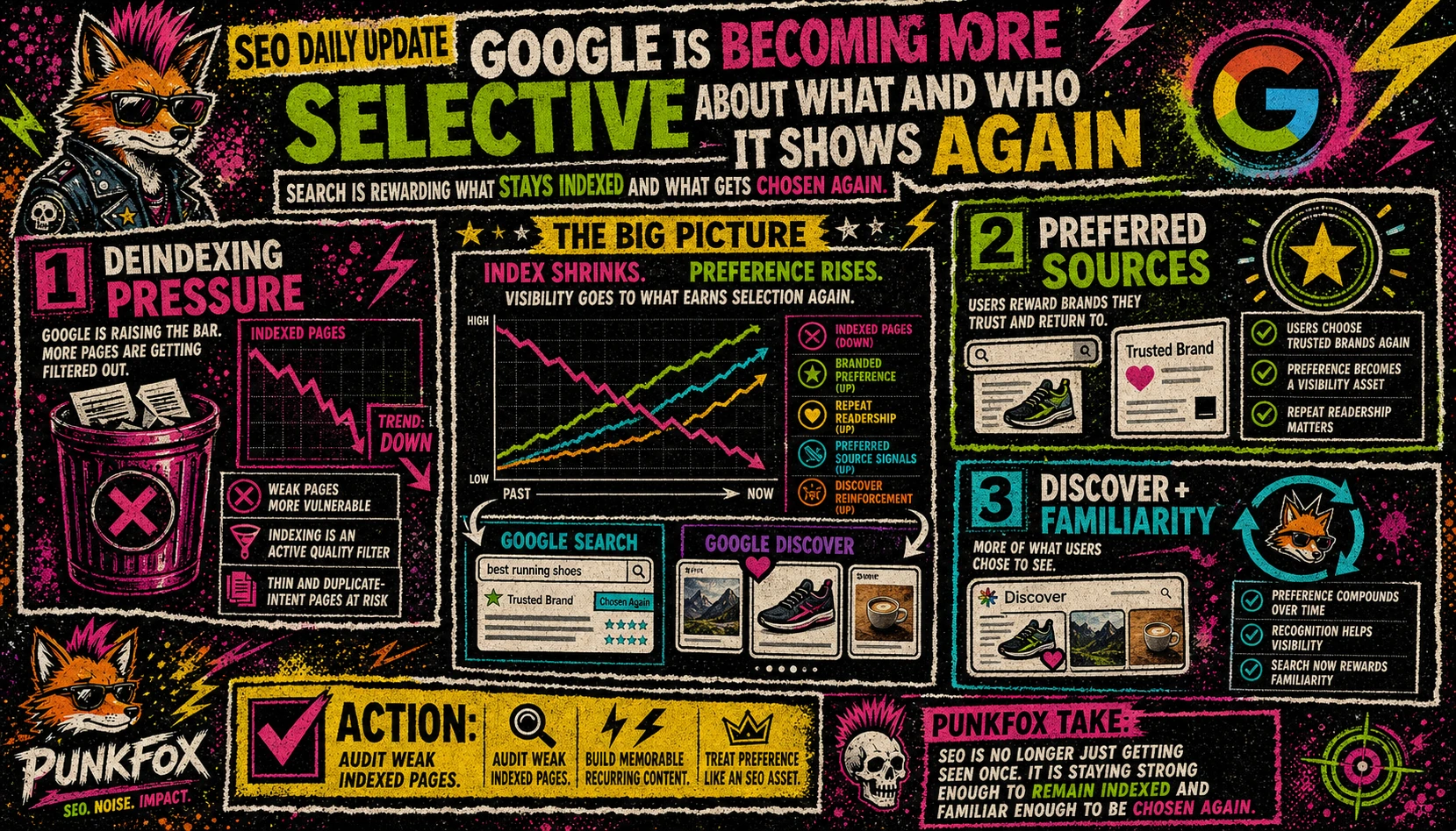 Illustration showing Google Search narrowing what gets indexed, reinforcing familiar sources, and turning brand preference into a stronger visibility signal