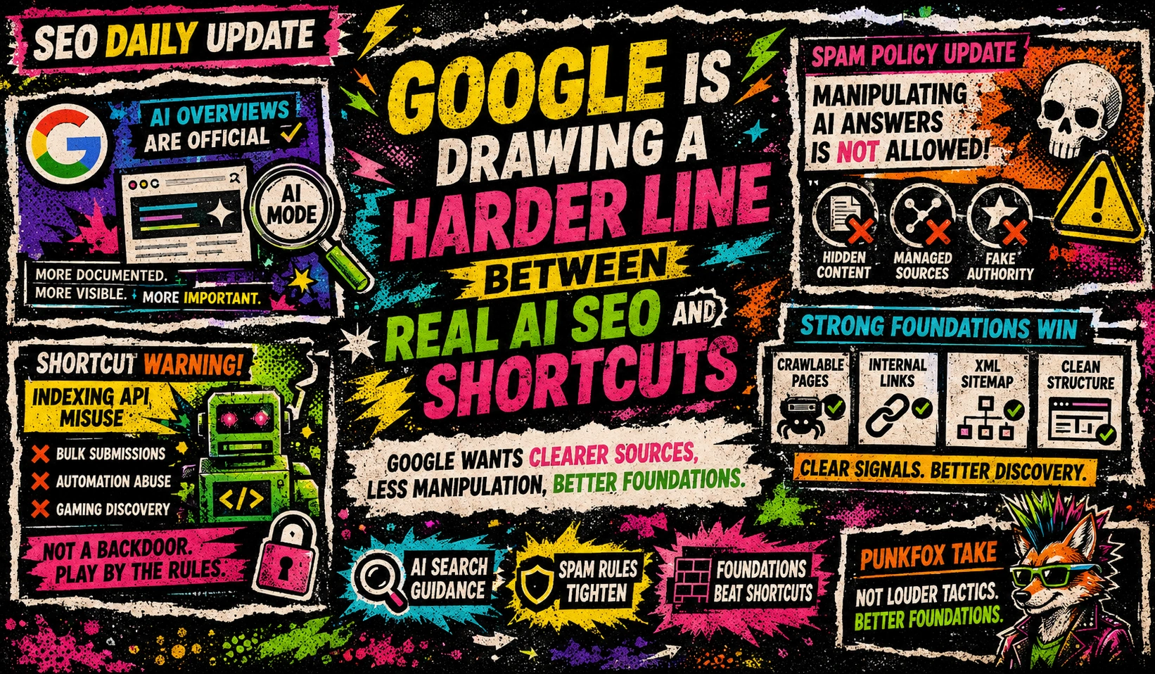 Google AI search interface showing AI Overviews, spam policy updates, and stronger source attribution