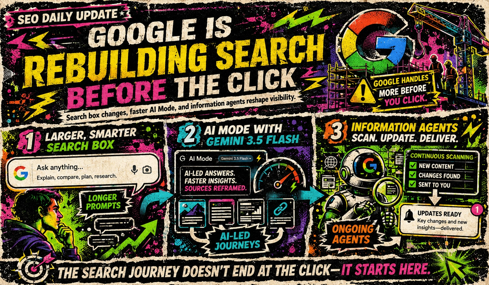 Illustration showing Google expanding the Search box, strengthening AI Mode, and turning one-off searches into longer AI-led journeys before a user ever reaches a website