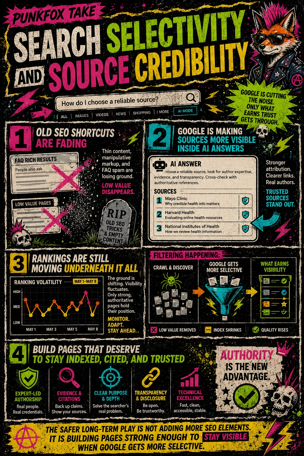 Google search results showing fewer old SERP enhancements, more visible AI citations, and ongoing ranking movement