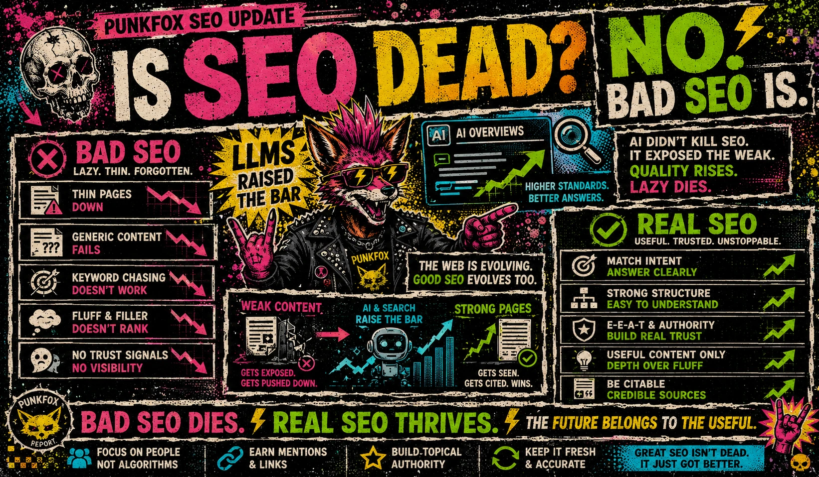 Illustration showing SEO fundamentals, AI Overviews, and trusted sources working together in modern search