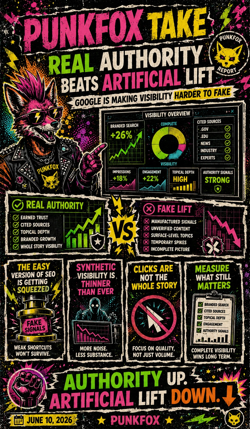 Website analytics visual showing a live core update, AI mention credibility being scrutinised, and SEO reporting shifting from raw clicks to broader visibility signals