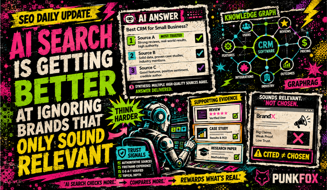 Illustration showing AI search weighing source trust, entity clarity, and independent proof more heavily than self-promotional content
